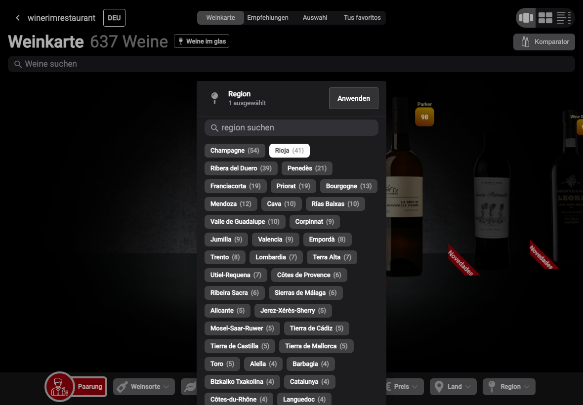 App Deutsch filtro region rioja seleccionado