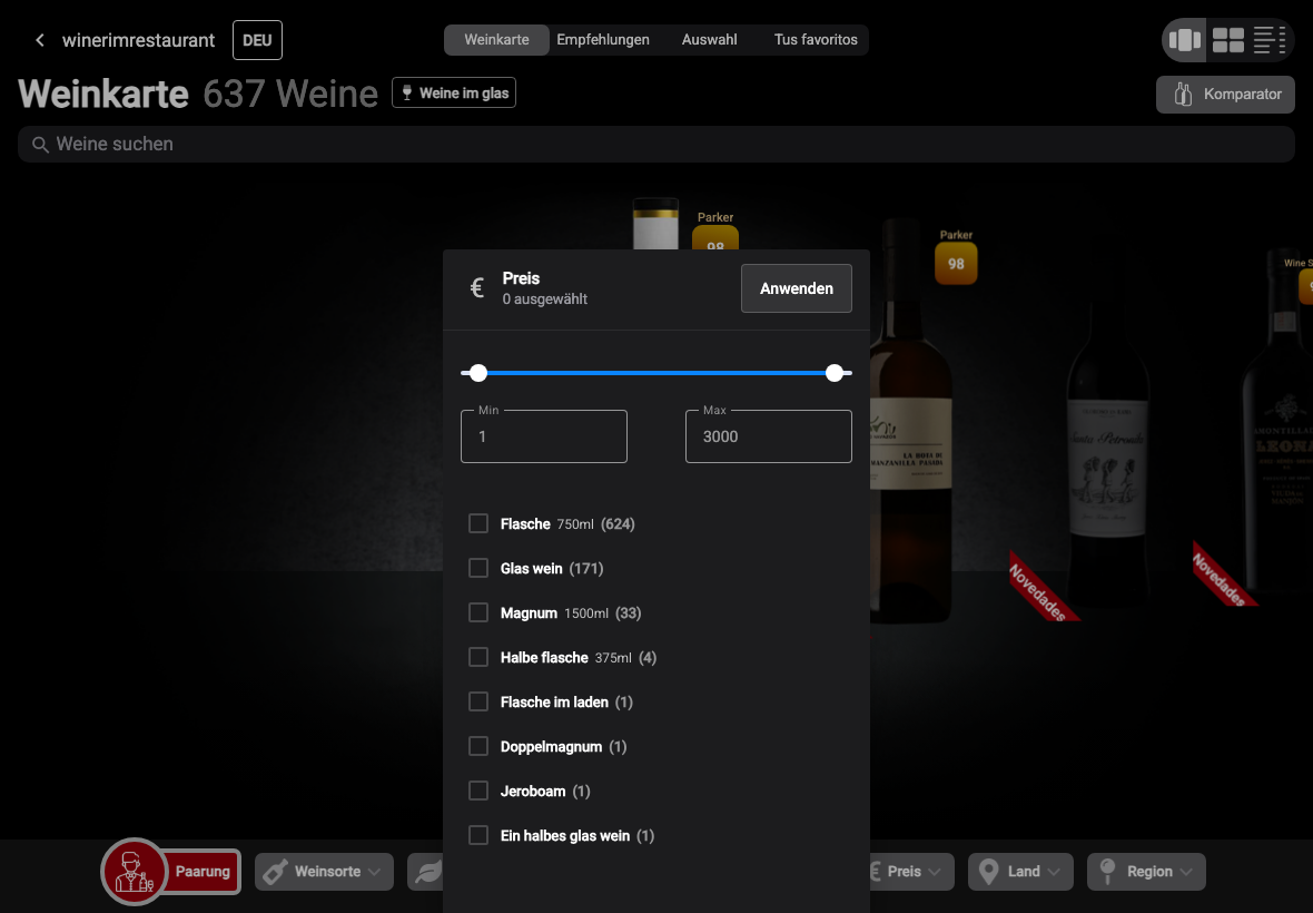 App Deutsch filtro precio formatos
