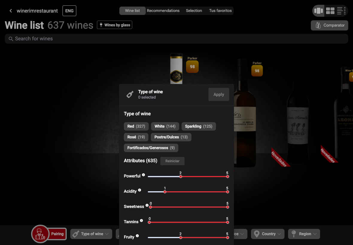 App English filtro tipo vino