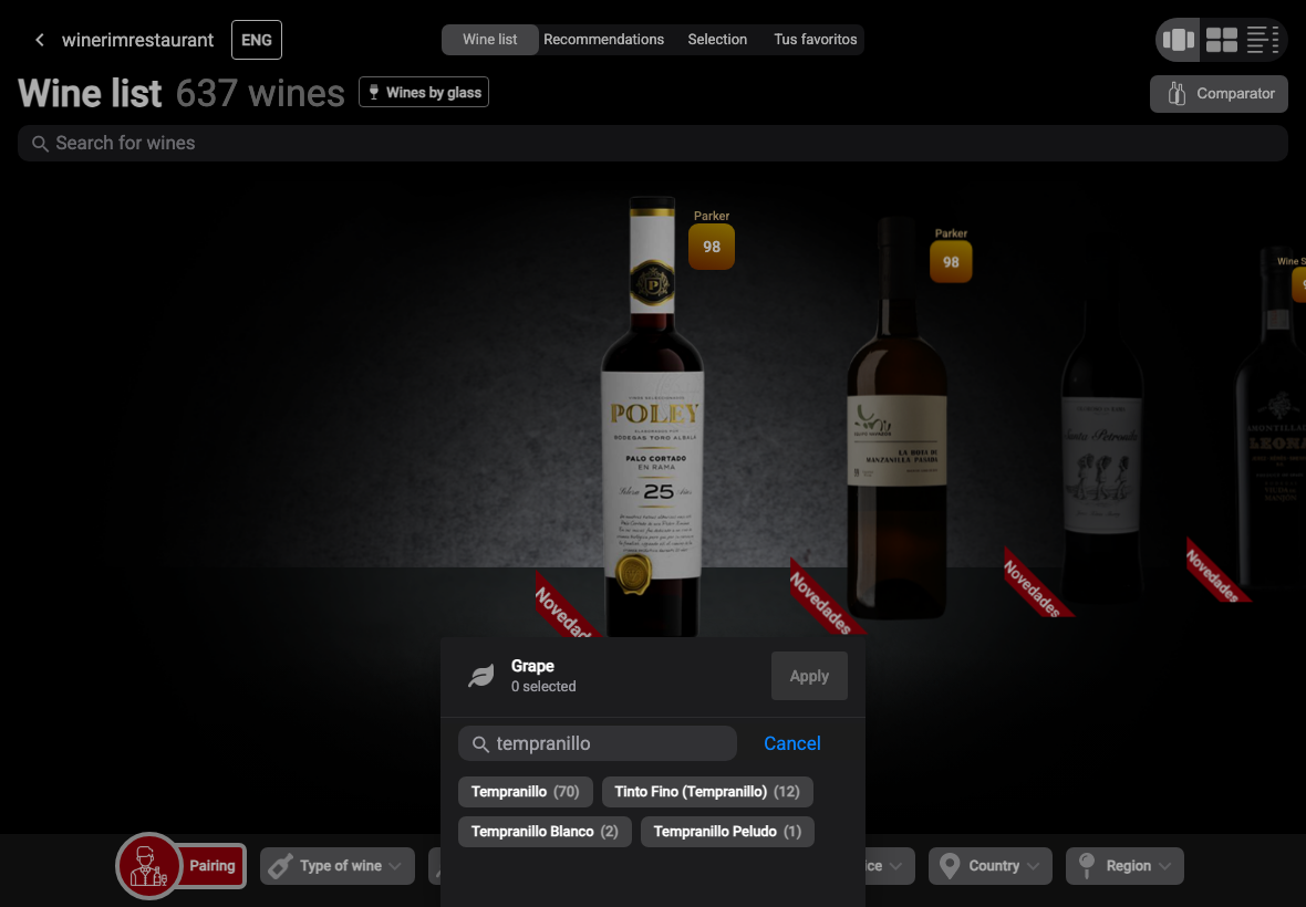 App English filtro uva busqueda tempranillo