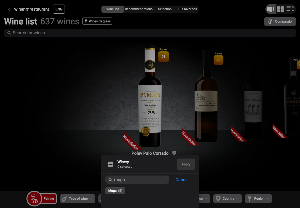 App English filtro bodega busqueda muga