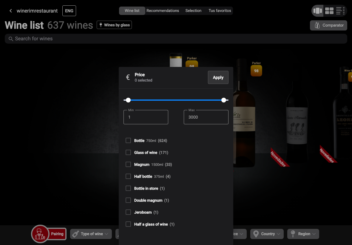 App English filtro precio botella seleccionado