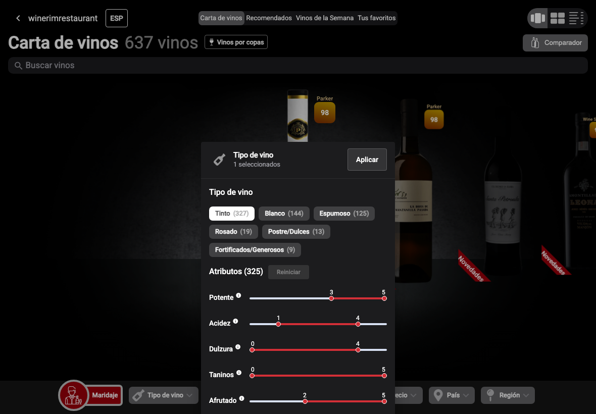 App Español filtro tipo tinto atributos