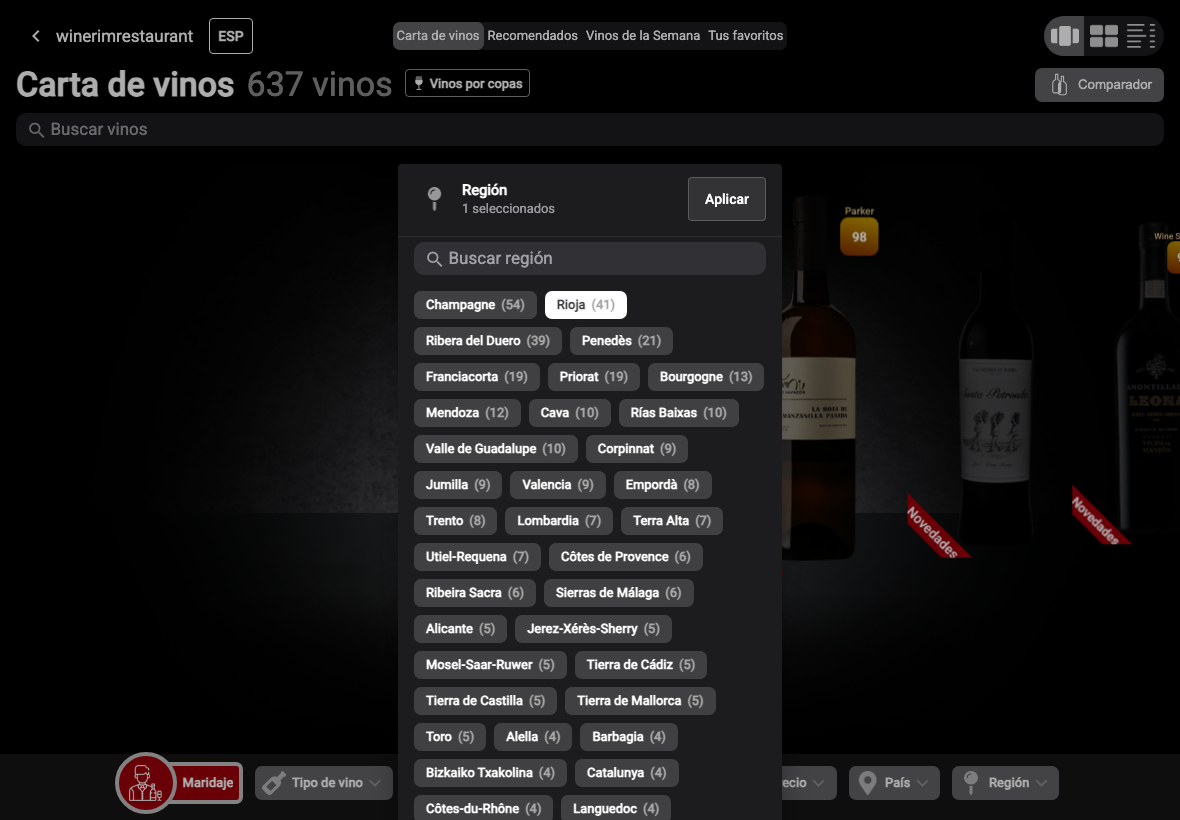 App Español filtro region rioja seleccionado