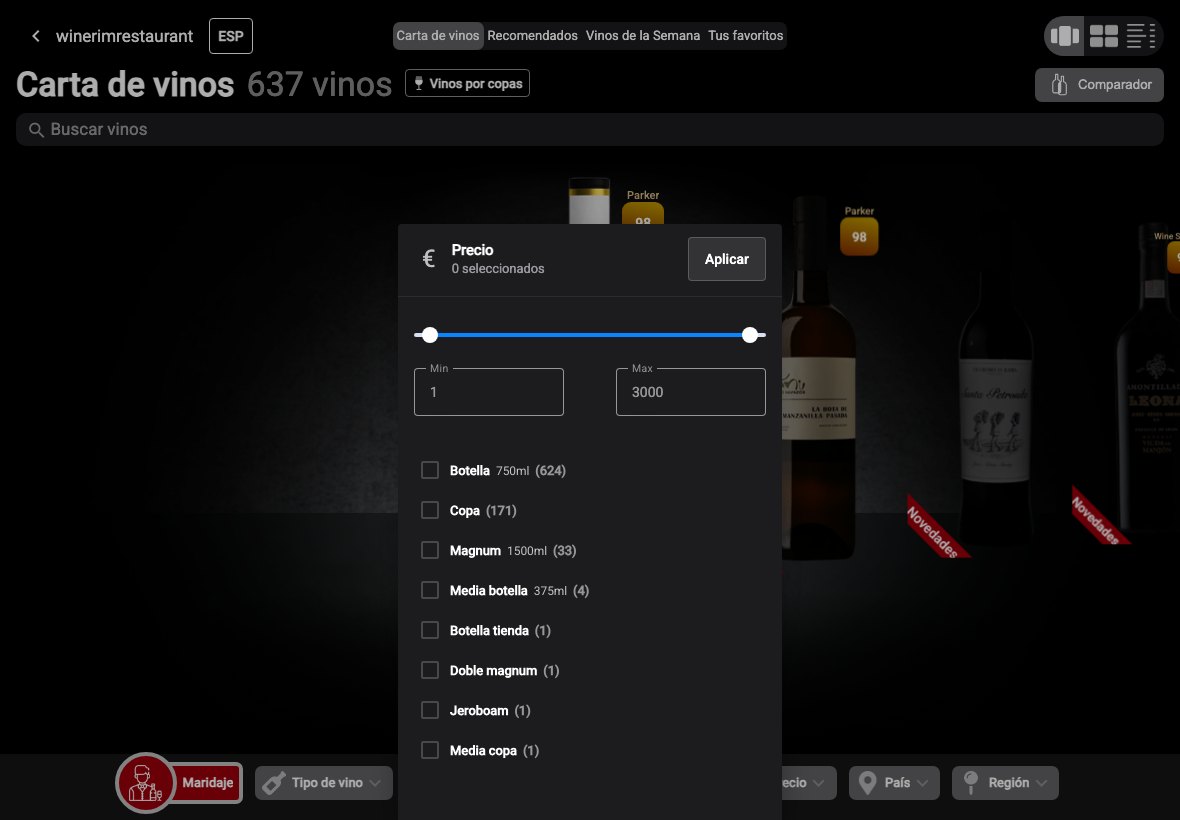 App Español filtro precio botella seleccionado