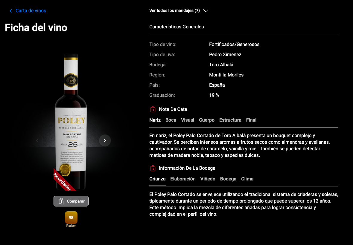 App Español detalle bodega atributos