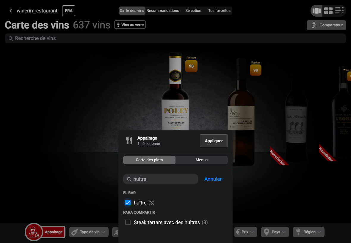 App Français filtro maridaje seleccionado