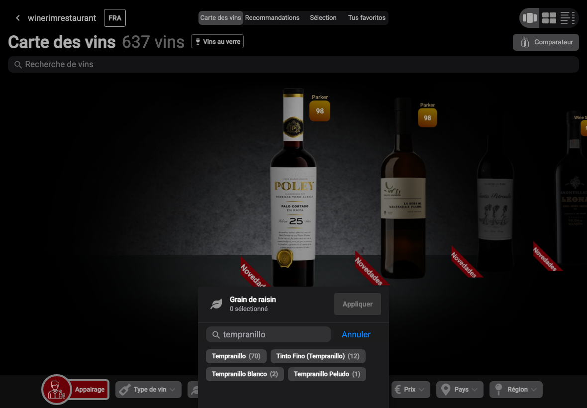 App Français filtro uva busqueda tempranillo
