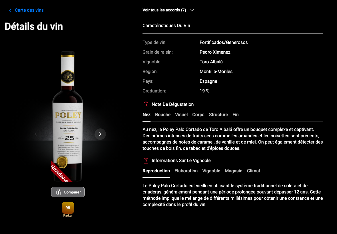 App Français detalle bodega atributos