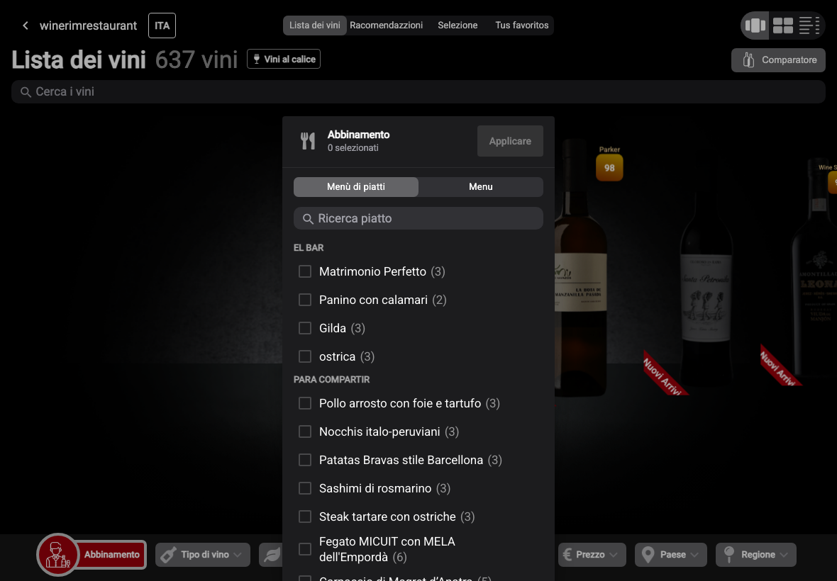 App Italiano filtro maridaje lista