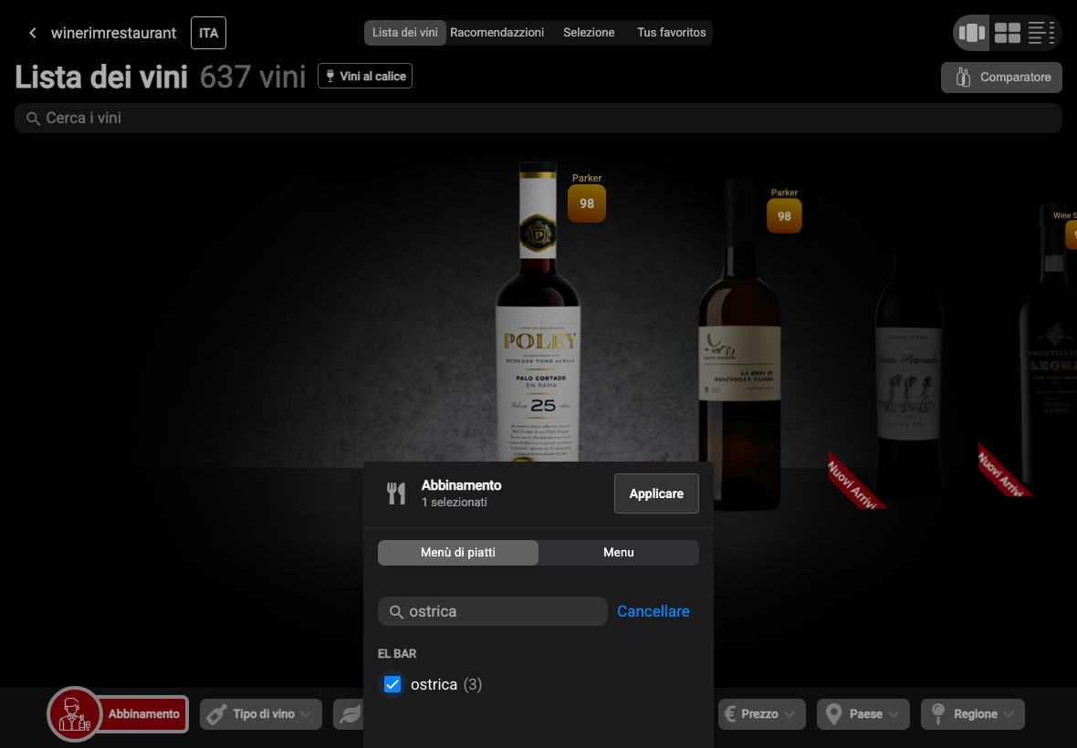App Italiano filtro maridaje seleccionado