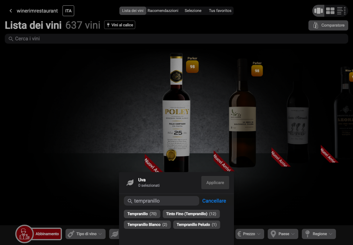 App Italiano filtro uva busqueda tempranillo