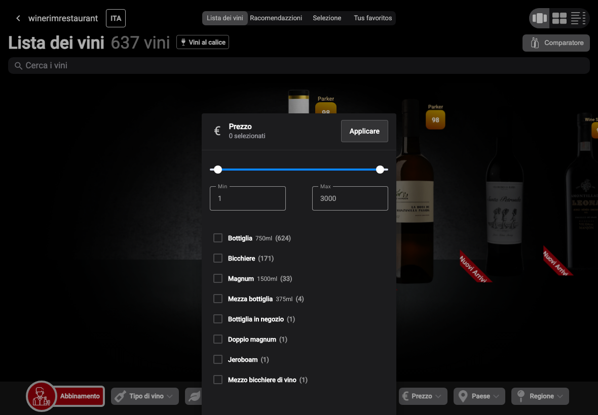 App Italiano filtro precio botella seleccionado