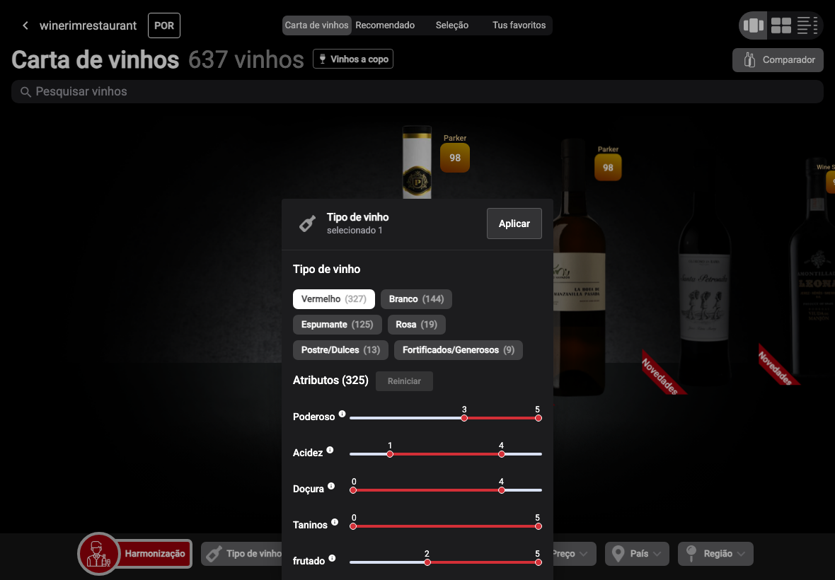 App Português filtro tipo tinto atributos