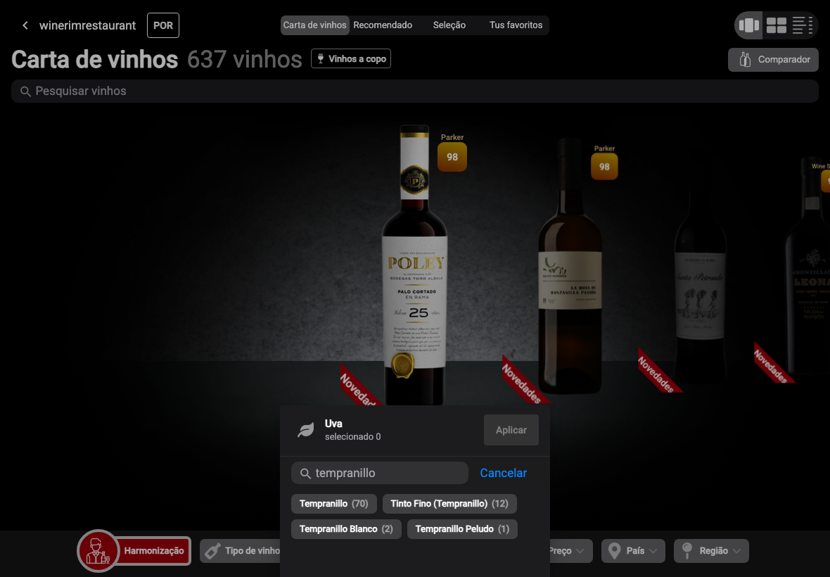 App Português filtro uva busqueda tempranillo