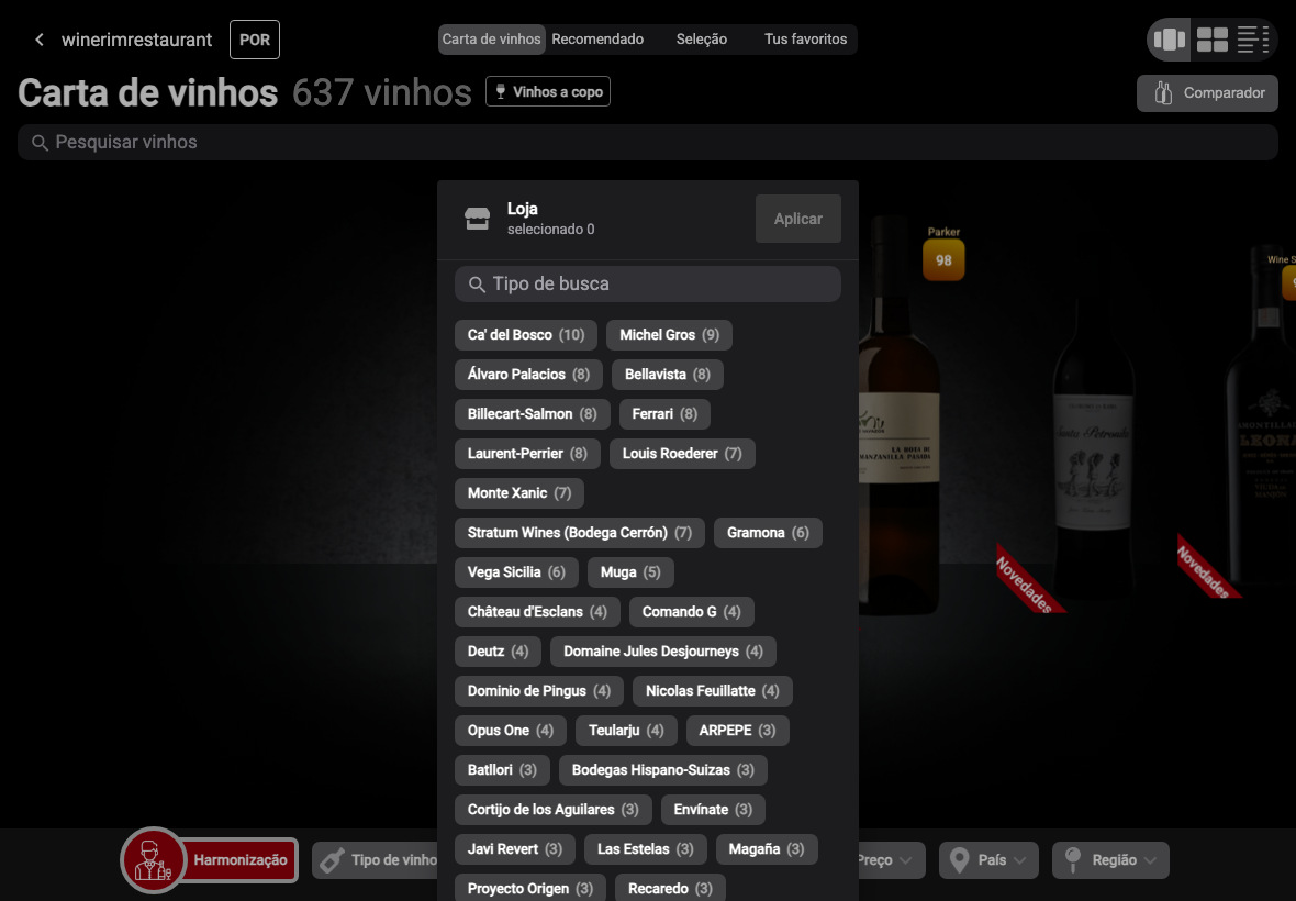 App Português filtro bodega lista