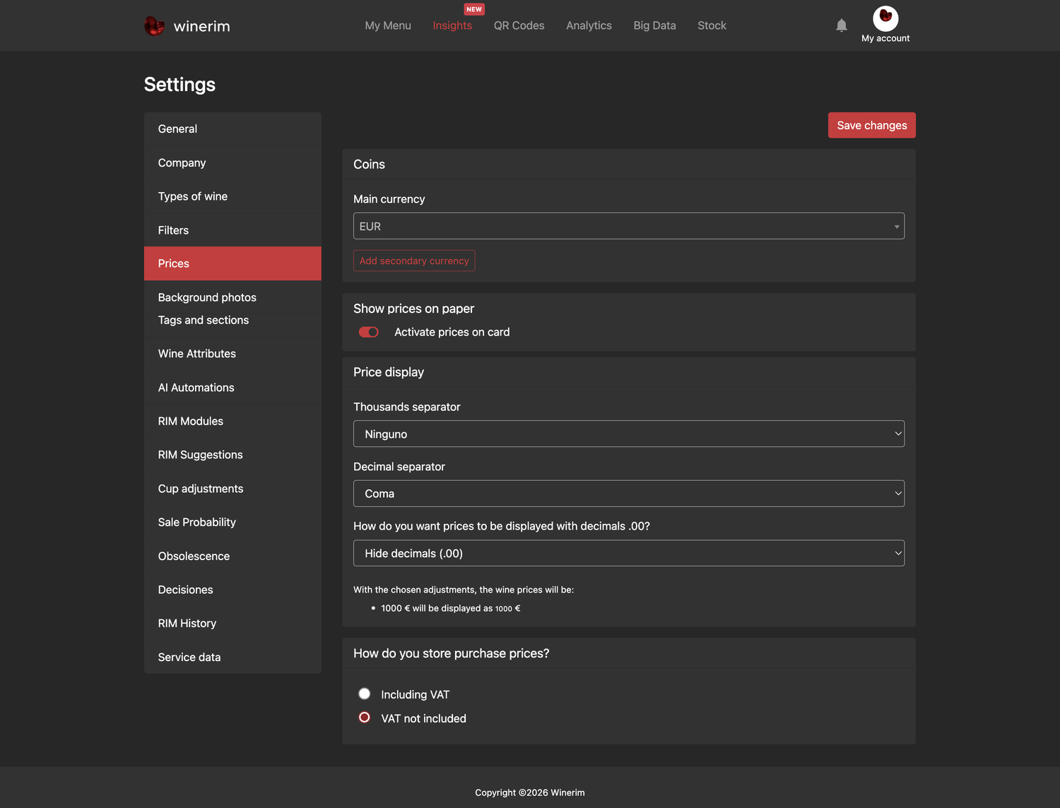Editor English ajustes precios