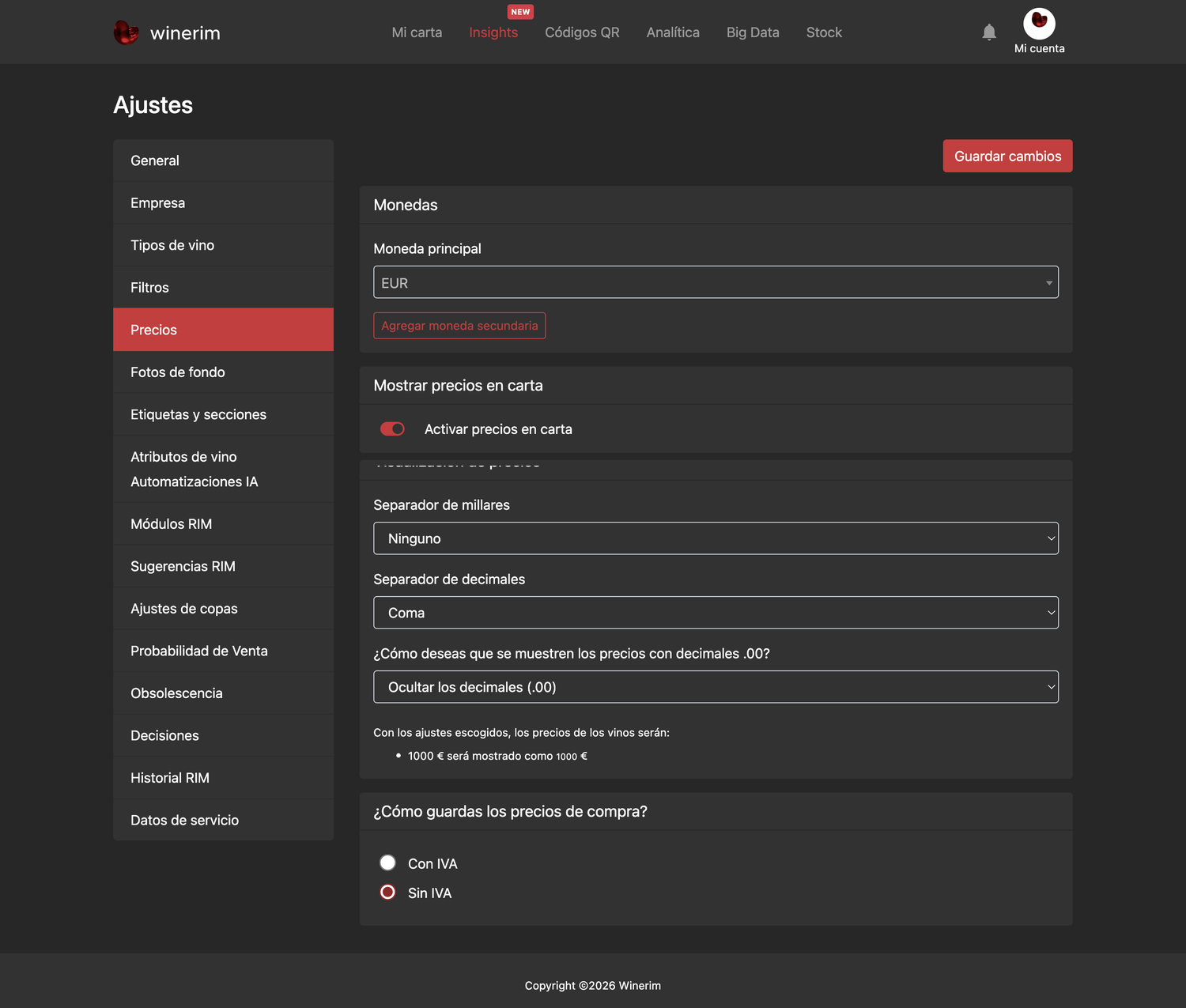 Editor Español ajustes precios