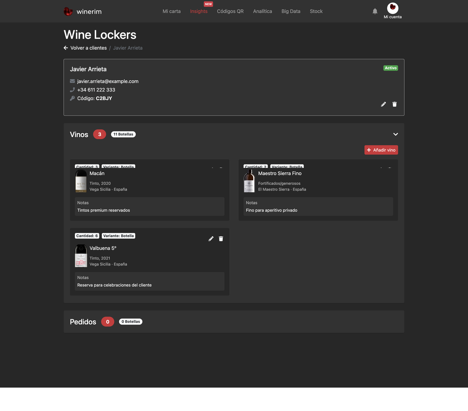 Wine Lockers: ficha de cliente
