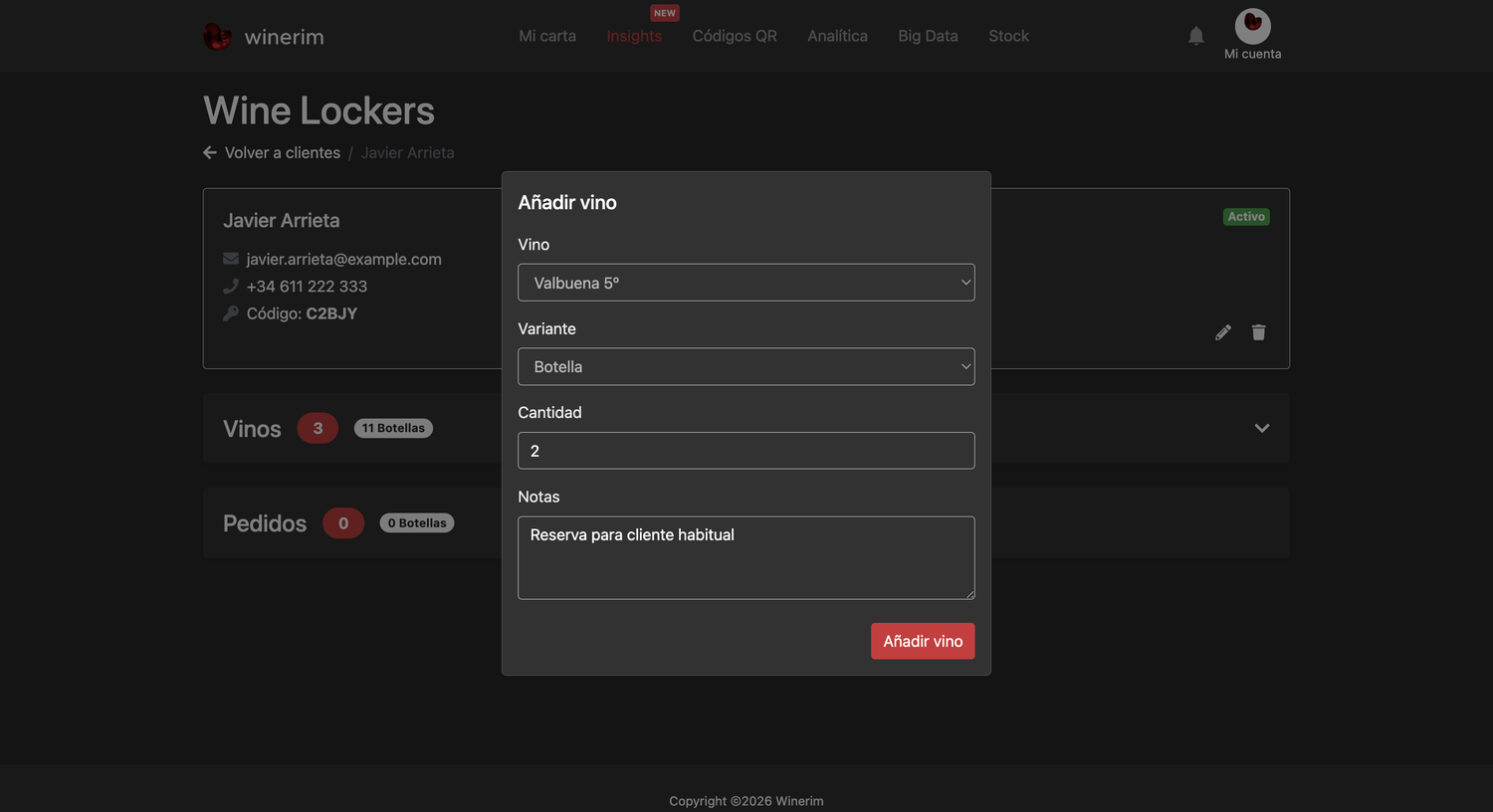 Wine Lockers: añadir vino al cliente
