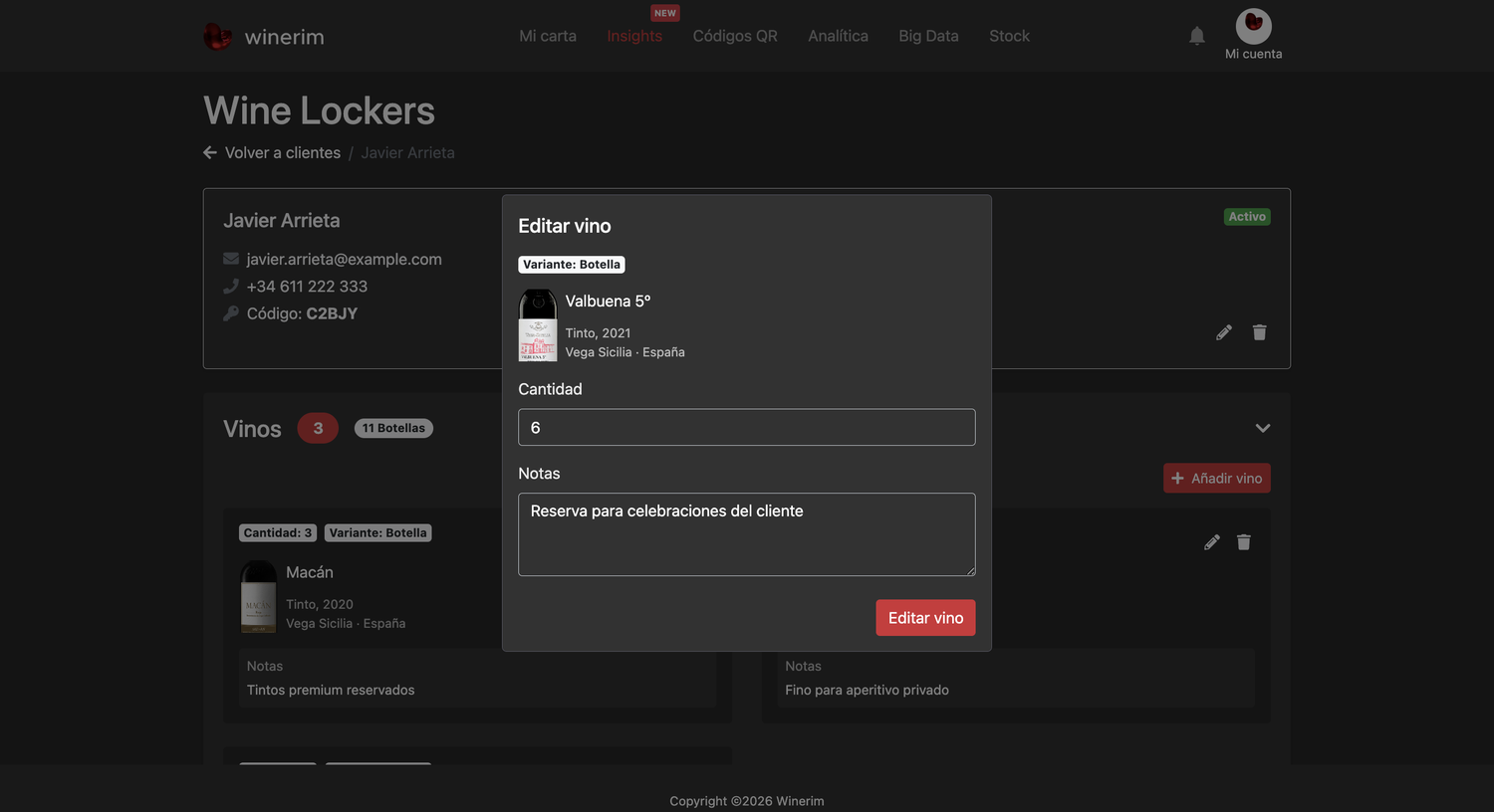 Wine Lockers: editar vino guardado