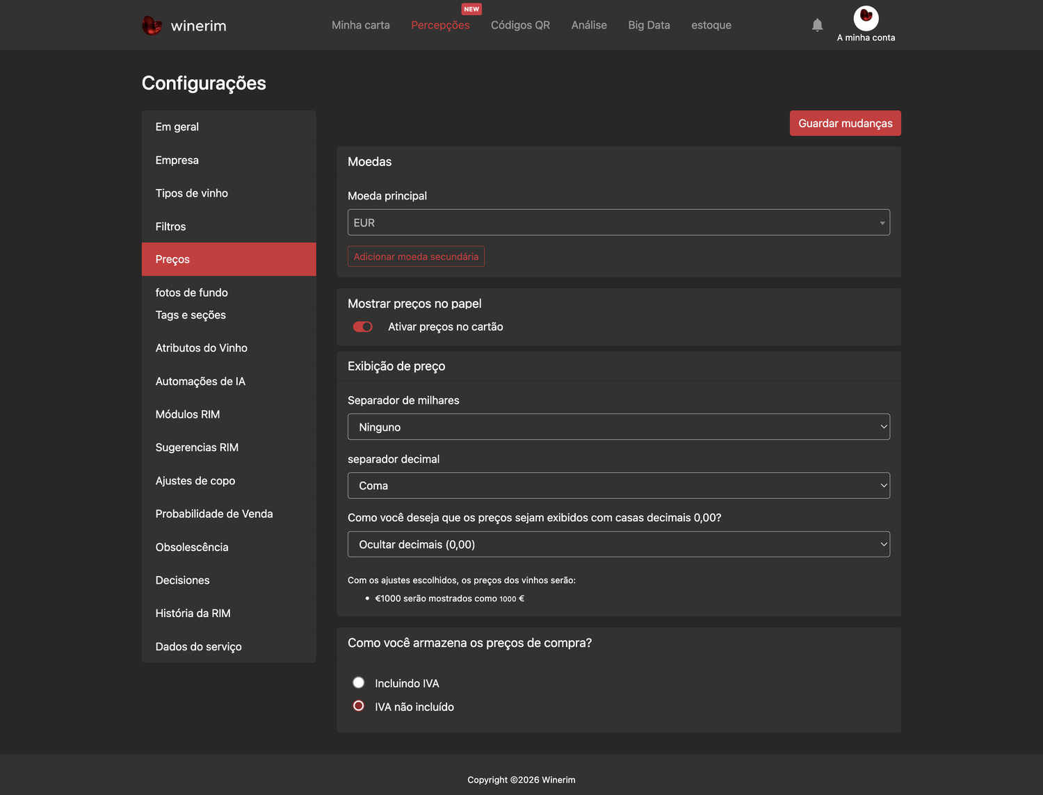 Editor Português ajustes precios