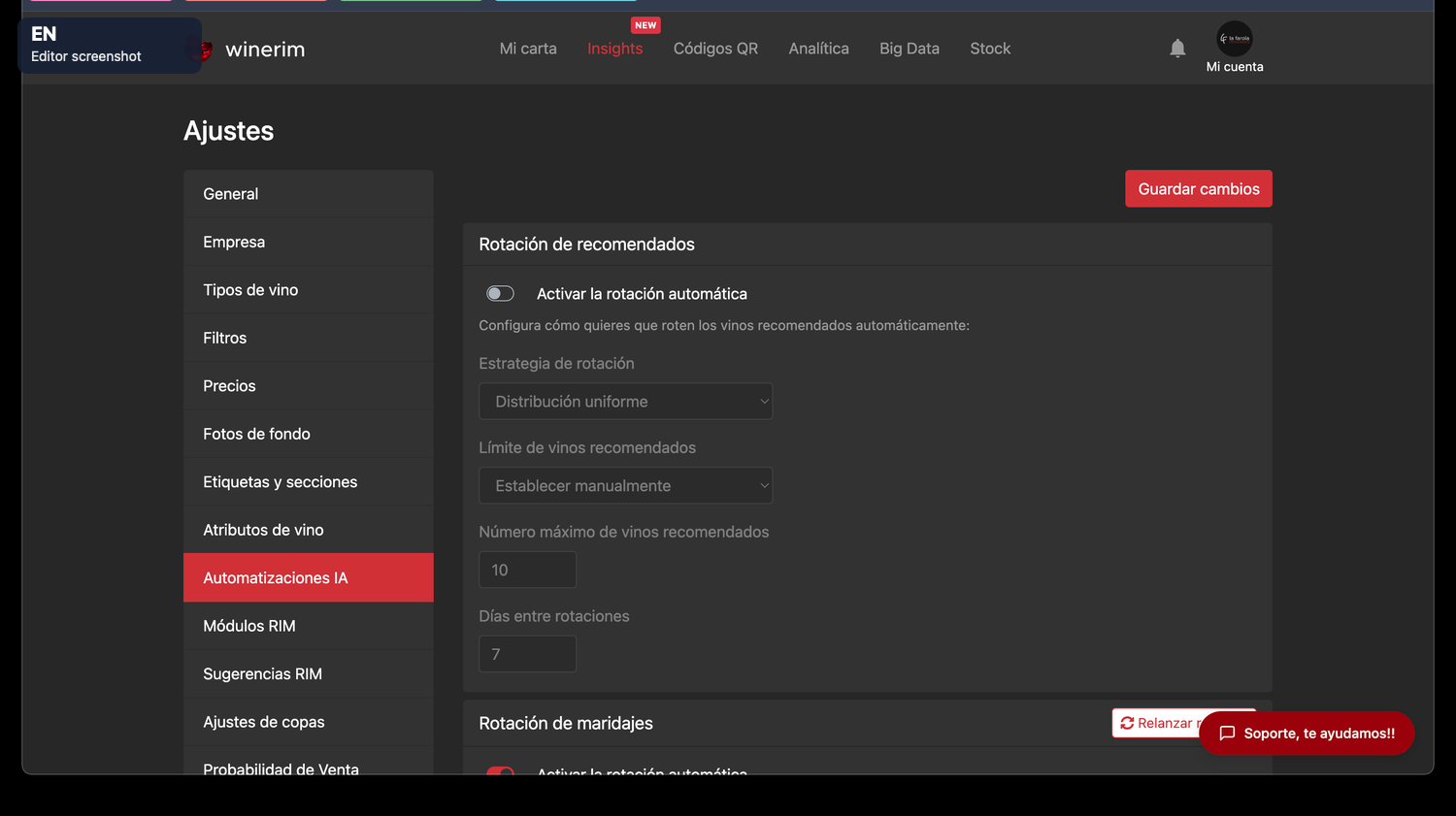 Editor English ajustes automatizaciones ia