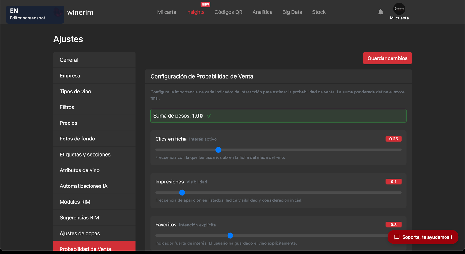 Editor English ajustes probabilidad venta