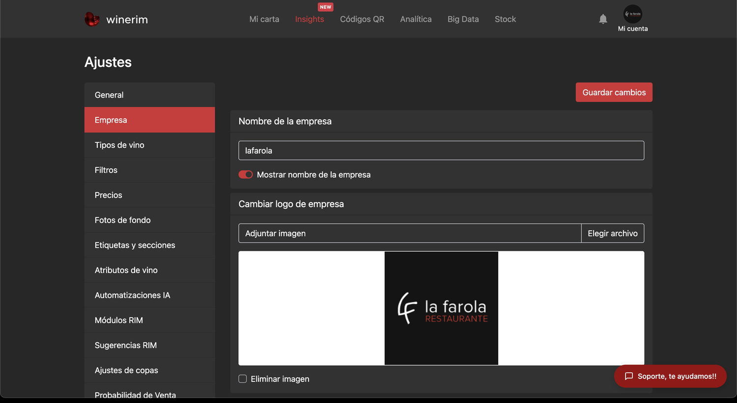 Ajustes: empresa