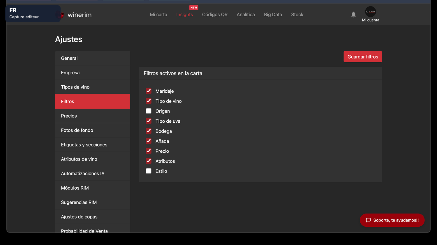 Editor Français ajustes filtros