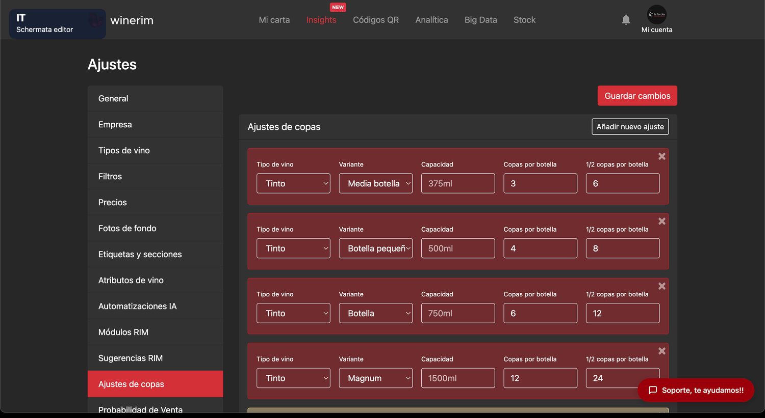 Editor Italiano ajustes copas